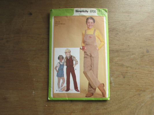 Uncut 1980 Simplicity 9725 sewing pattern for girls' overalls, pants & unlined vest, size 8 (complete)