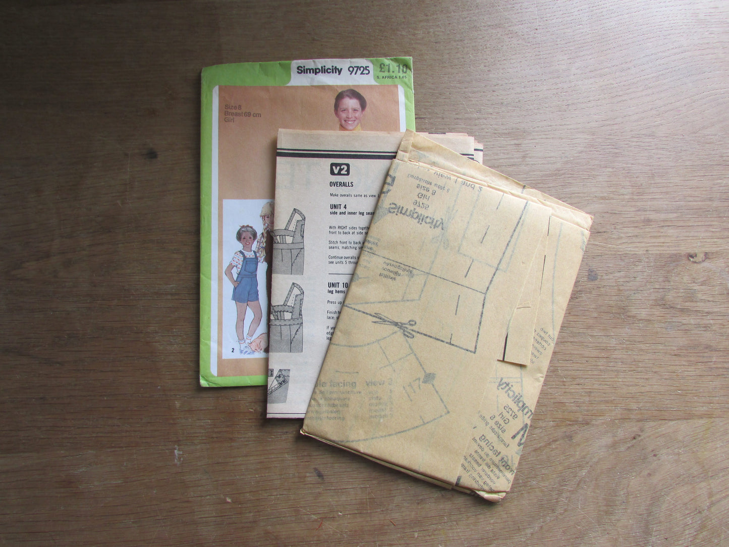 Uncut 1980 Simplicity 9725 sewing pattern for girls' overalls, pants & unlined vest, size 8 (complete)