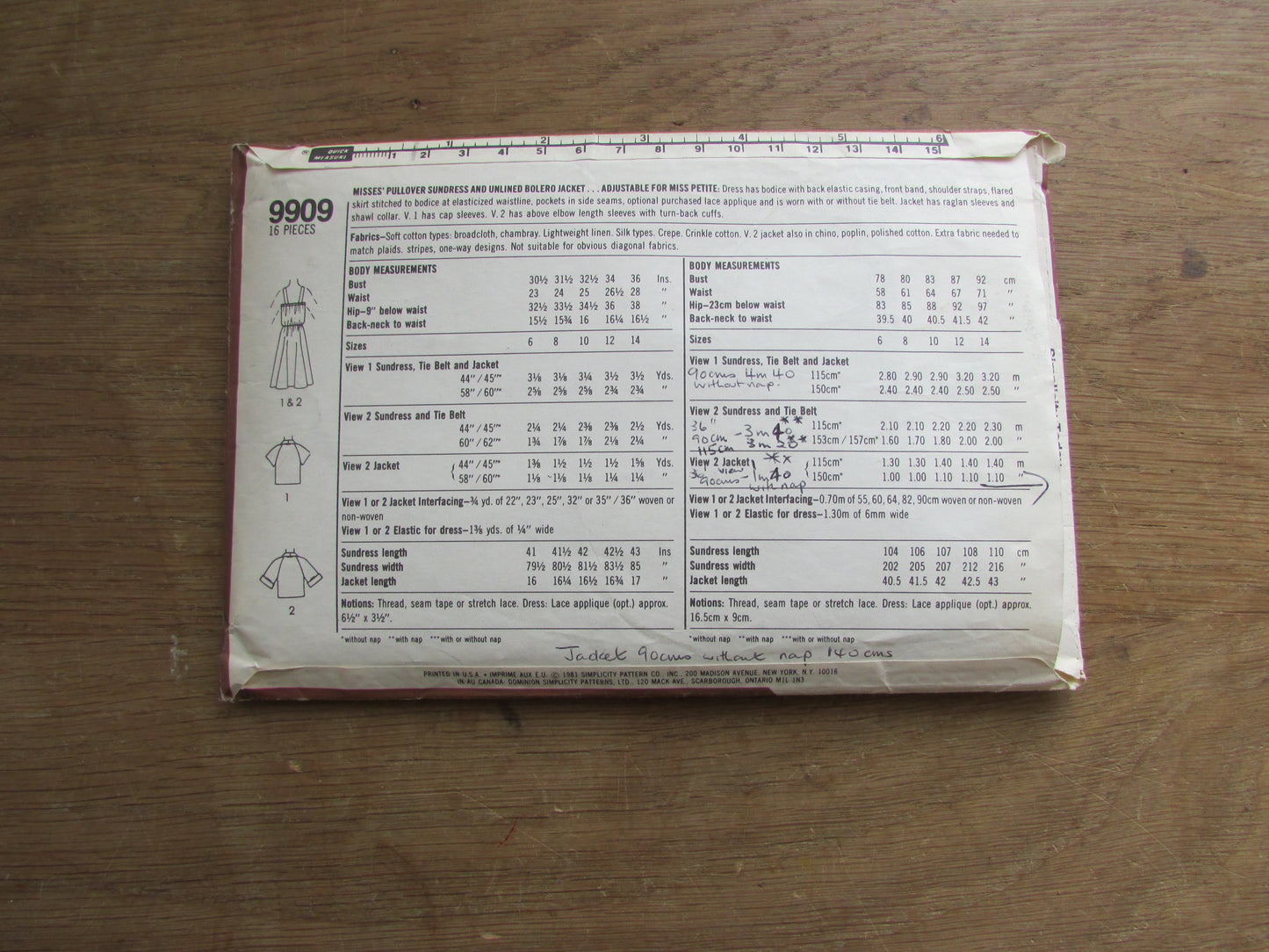 Part cut 1981 Simplicity 9909 sewing pattern for misses' pullover sundress, & unlined bolero jacket, size 12 (complete)