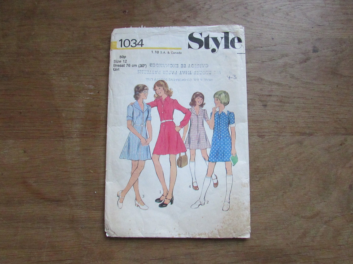 Part cut 1975 Style 1034 sewing pattern for girl's dress, size 12 (complete)