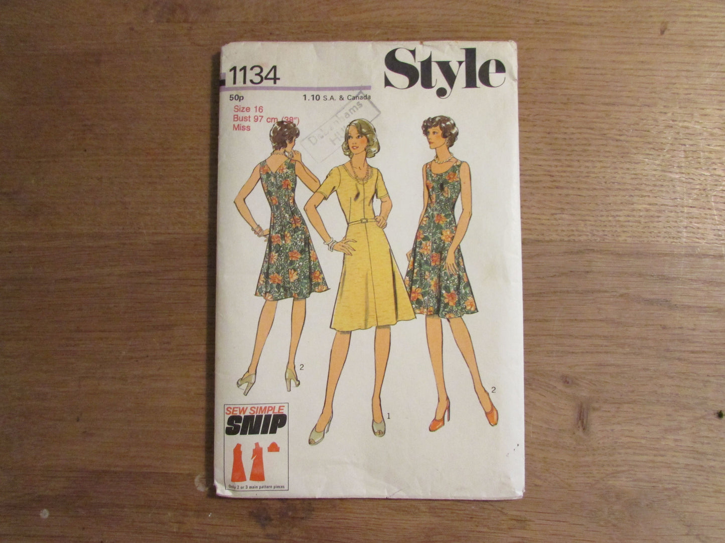 Part cut 1975 Style 1134 sewing pattern for misses' dress, size 16 (complete)