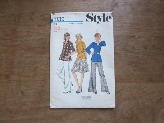 Part cut 1975 Style 1139 sewing pattern for misses' tunic, skirt & trousers, size 14 (complete)