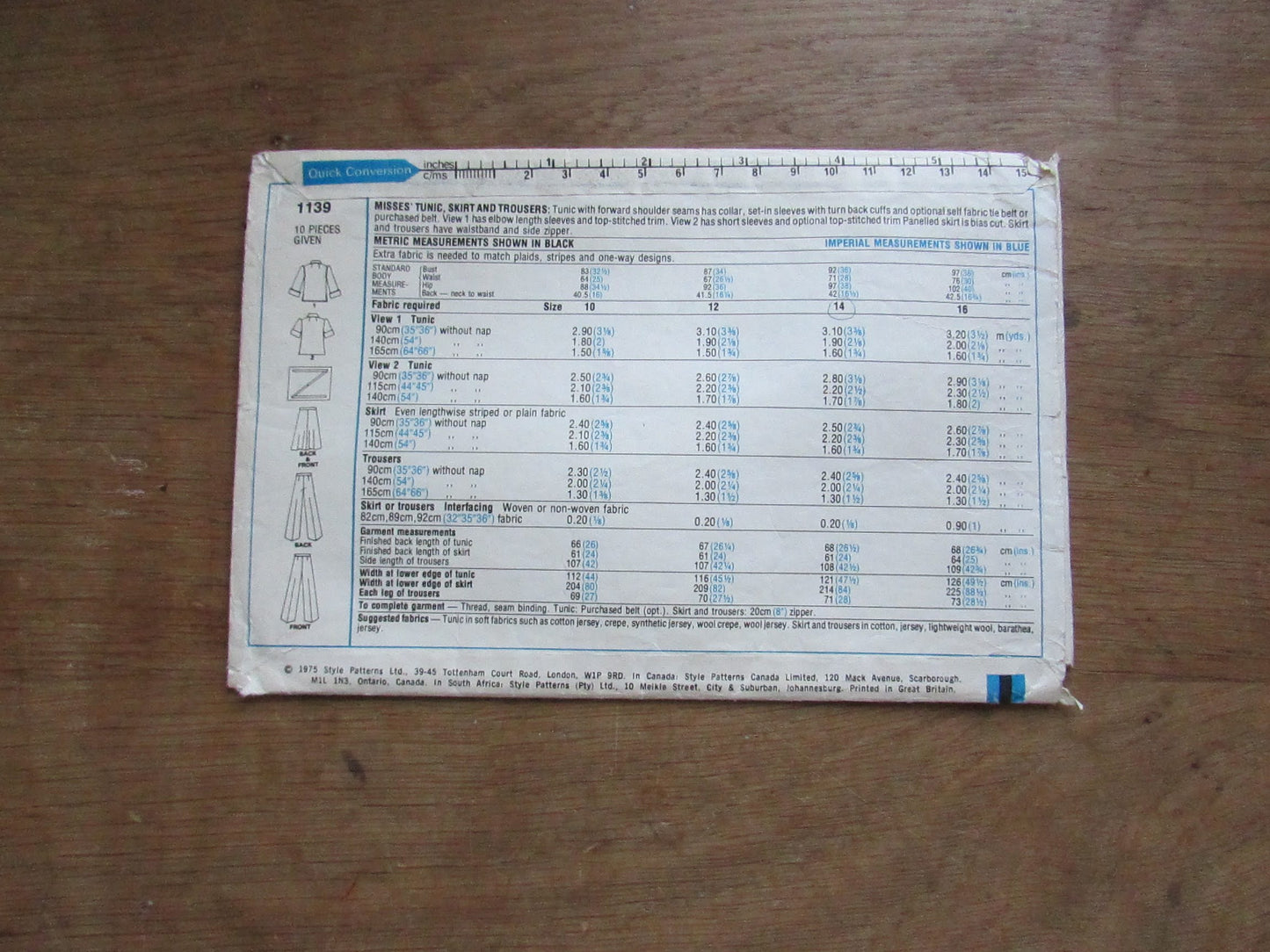 Part cut 1975 Style 1139 sewing pattern for misses' tunic, skirt & trousers, size 14 (complete)