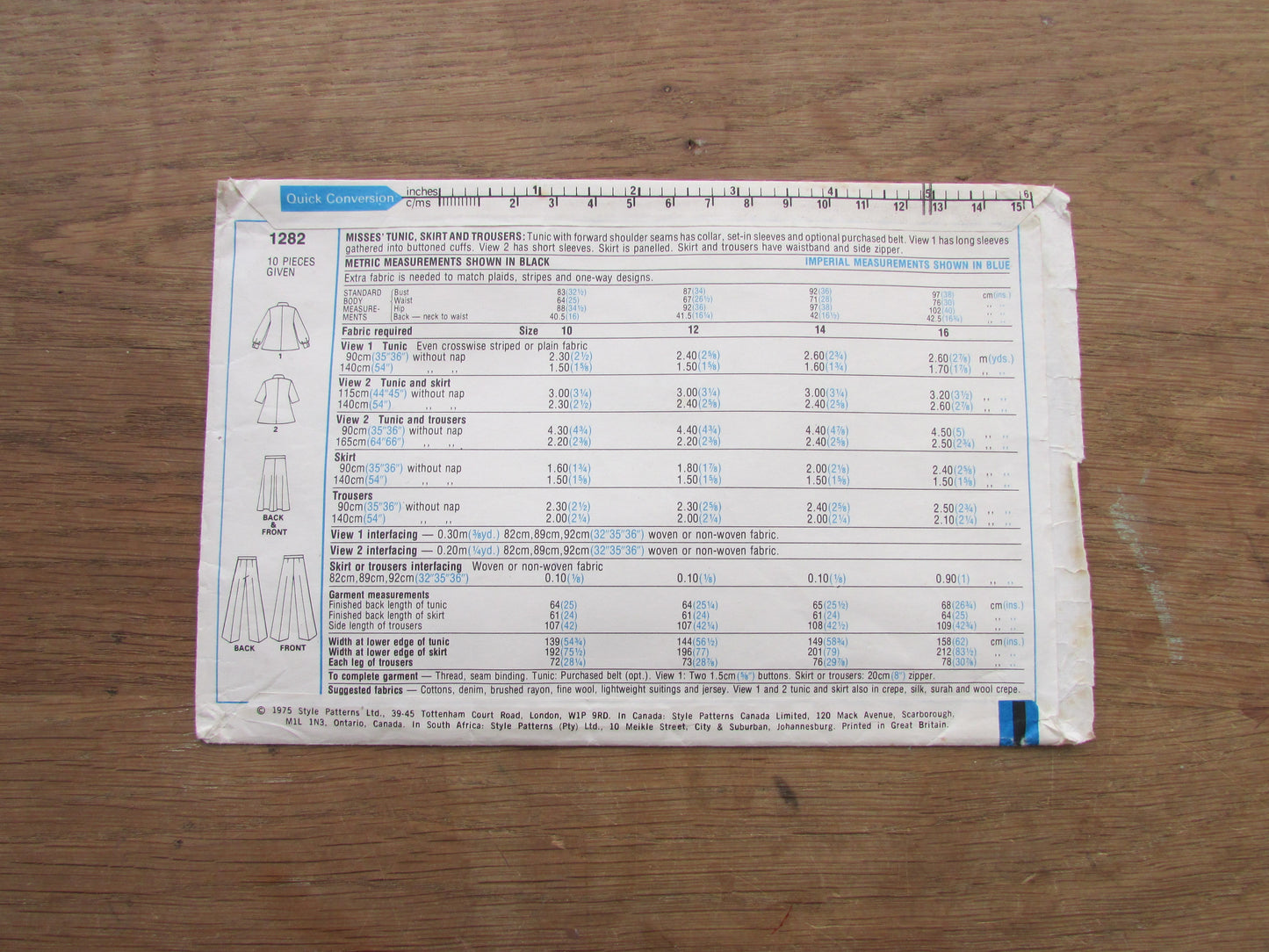 Part cut 1975 Style 1282 sewing pattern for misses' tunic, skirt & trousers, size 10 (complete)