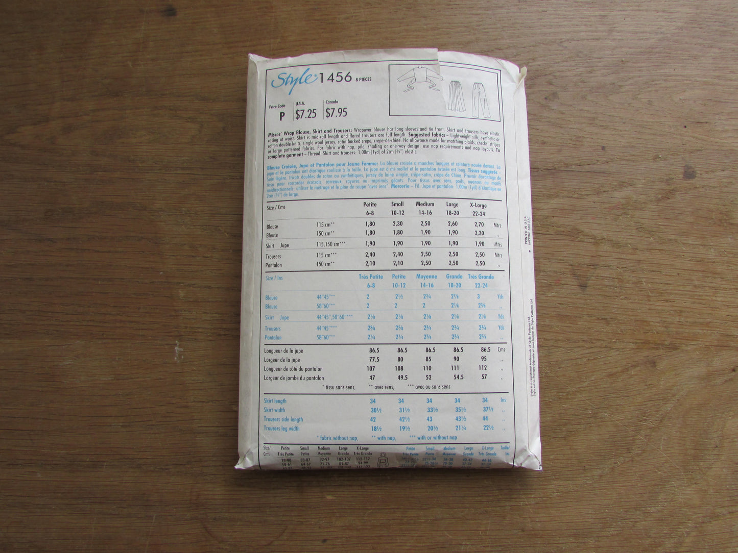 Uncut 1988 Style 1456 sewing pattern for misses' wrap blouse, skirt & trousers, size 10-12 (complete)