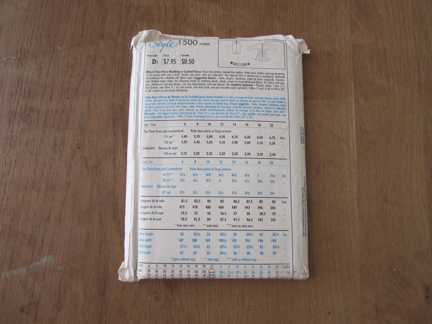 Uncut 1980s Style 1500 sewing pattern for misses' two-piece wedding or cocktail dress, size 6-12 (complete)