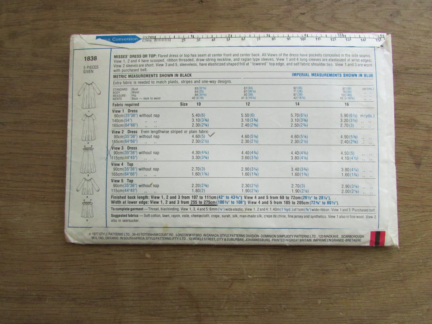 Part cut 1977 Style 1838 sewing pattern for misses' flared dress or top, size 10 (complete)