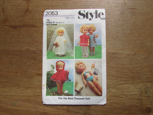 Part cut 1977 Style 2053 sewing pattern for doll clothes to fit doll H41cm/16" (complete)