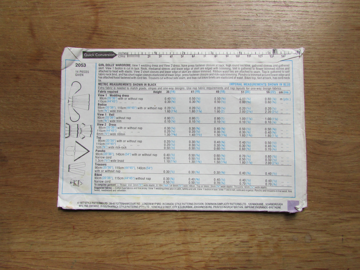 Part cut 1977 Style 2053 sewing pattern for doll clothes to fit doll H41cm/16" (complete)