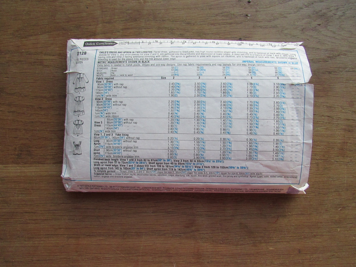 Part cut 1977 Style 2128 sewing pattern for child's dress & apron, size 2 (see description below)