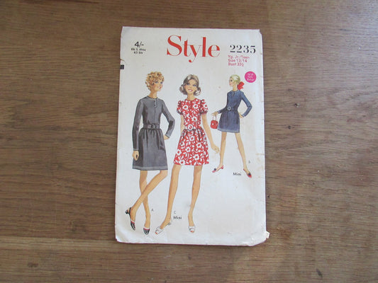 Used 1968 Style 2235 sewing pattern for young junior/teens dress, size 13/14 (see description below)