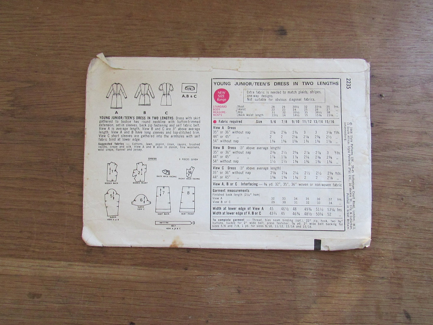 Used 1968 Style 2235 sewing pattern for young junior/teens dress, size 13/14 (see description below)