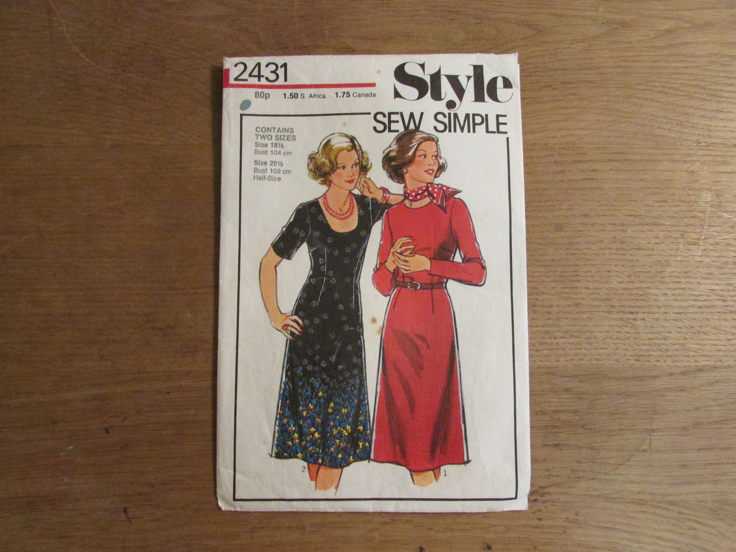 Part cut 1978 Style 2431 sewing pattern for dresses in half-sizes, sizes 18.5 + 20.5 (crudely cut to size 20.5, complete)