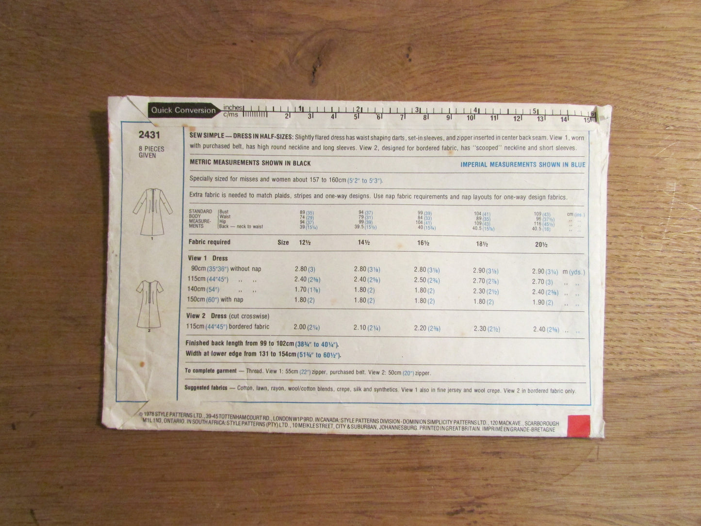 Part cut 1978 Style 2431 sewing pattern for dresses in half-sizes, sizes 18.5 + 20.5 (crudely cut to size 20.5, complete)