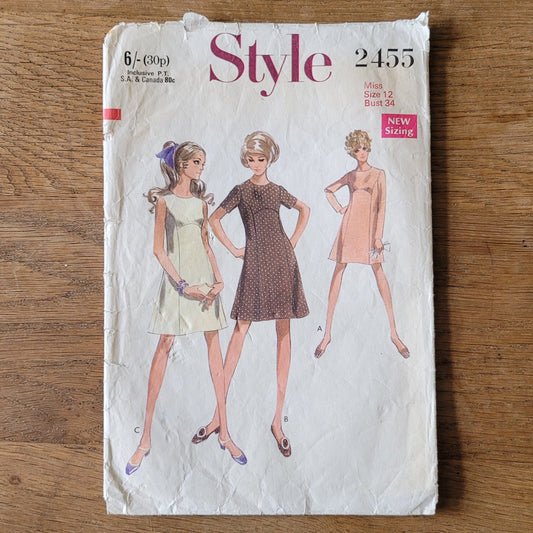 Used 1969 Style 2455 sewing pattern for misses' mini dress, size 12 (complete)