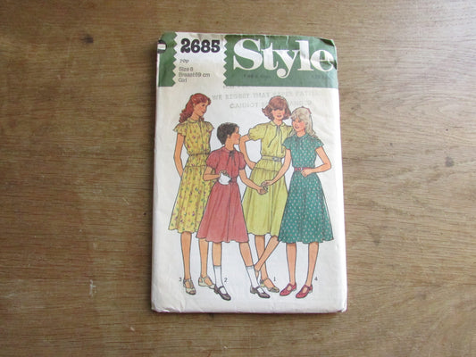 Uncut 1979 Style 2685 sewing pattern for girls' "pull-over-the-head" flared dress, size 8 (complete)