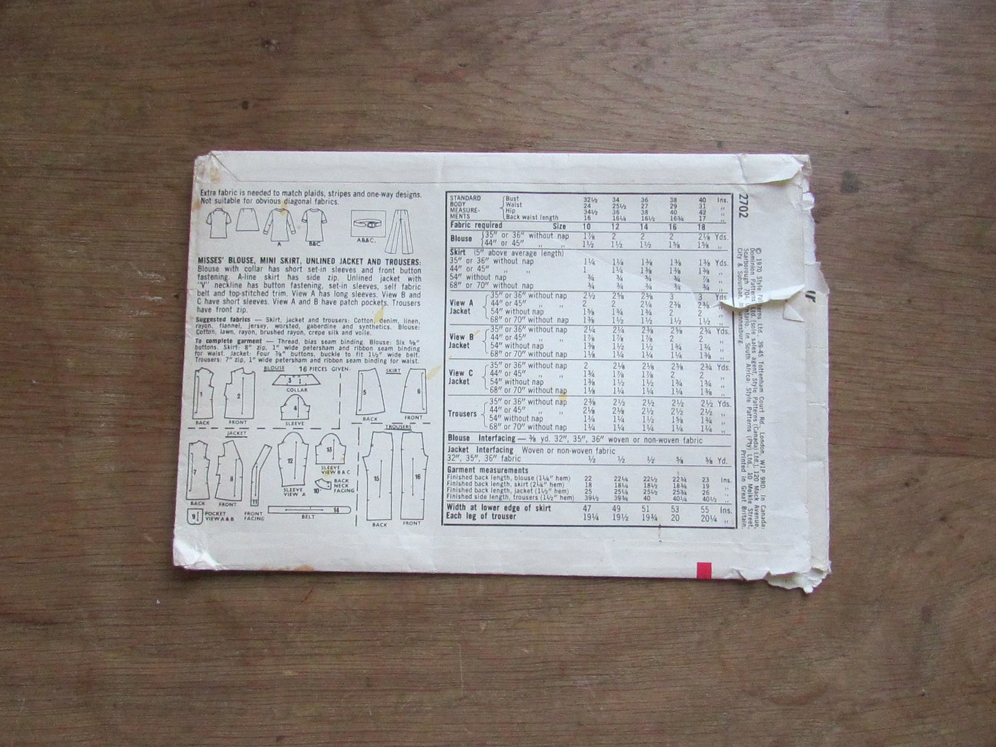 Part cut 1970 Style 2702 sewing pattern for misses' blouse, unlined jacket & trousers, size 14 (see description below)