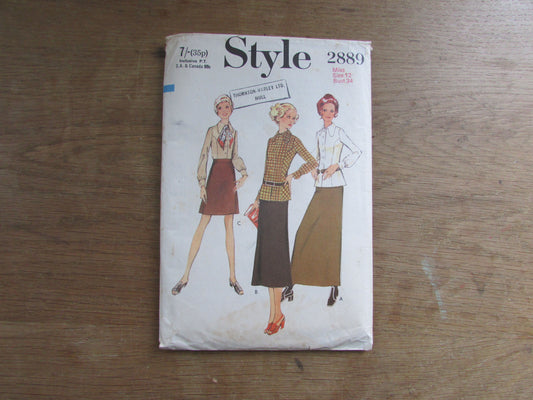 Uncut 1970 Style 2889 sewing pattern for misses' skirt & blouse, size 12 (complete)