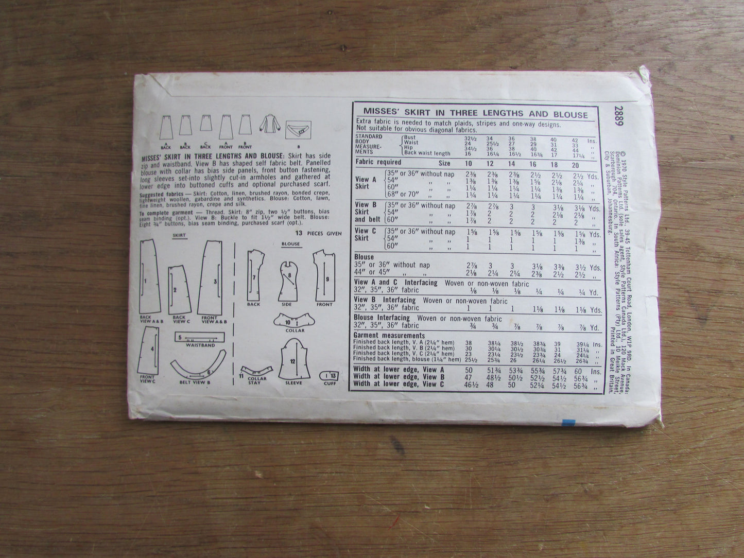 Uncut 1970 Style 2889 sewing pattern for misses' skirt & blouse, size 12 (complete)