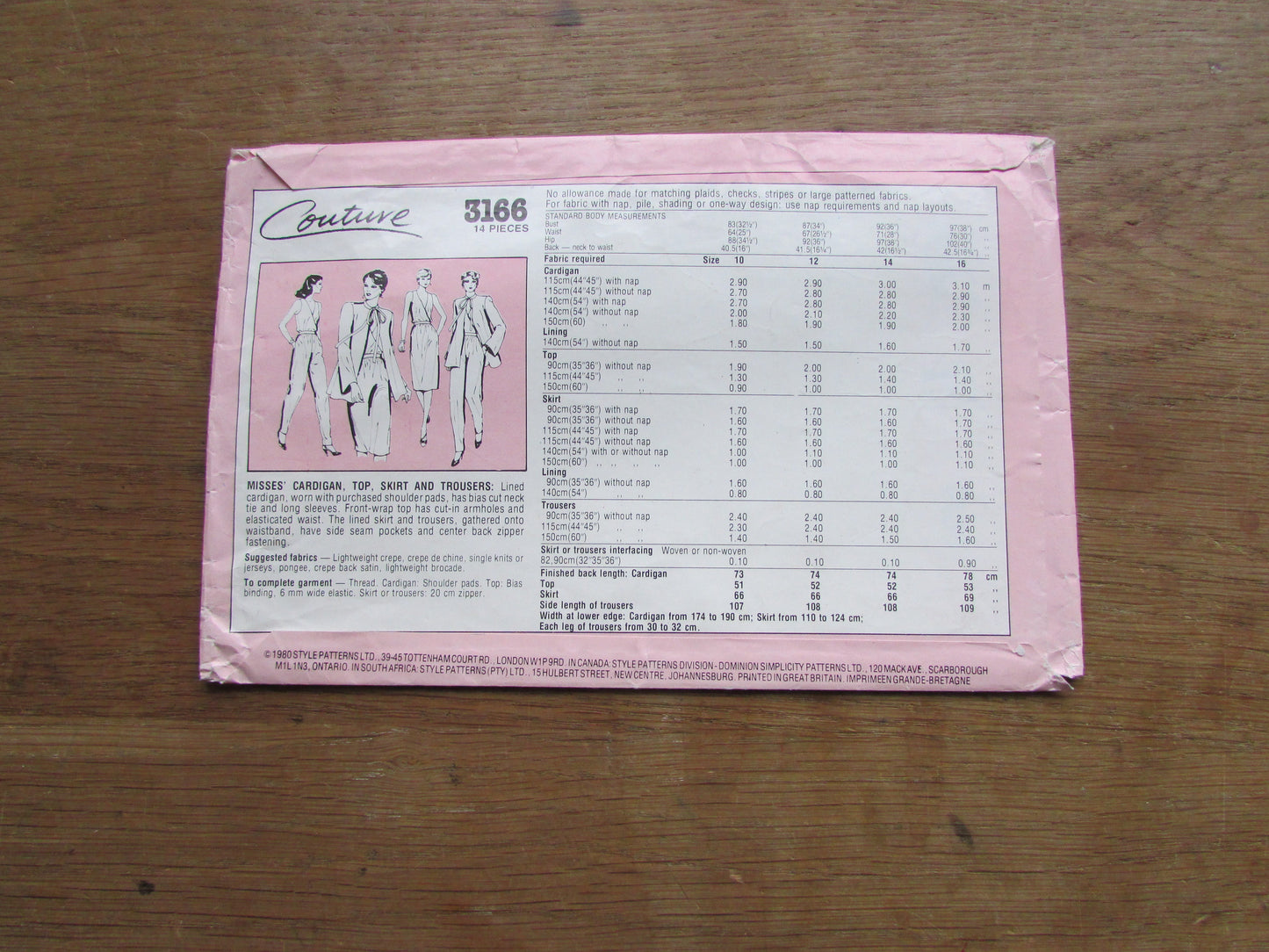 Part cut 1980 Style Couture 3166 sewing pattern for misses' cardigan, top, skirt & trousers, size 12 (complete)