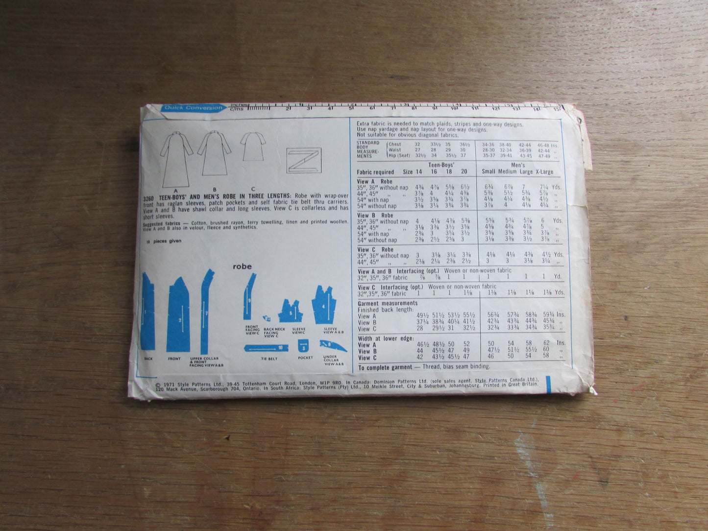 Part cut 1971 Style 3260 sewing pattern for teen-boy's & men's robe in 3 lengths, size M (complete)