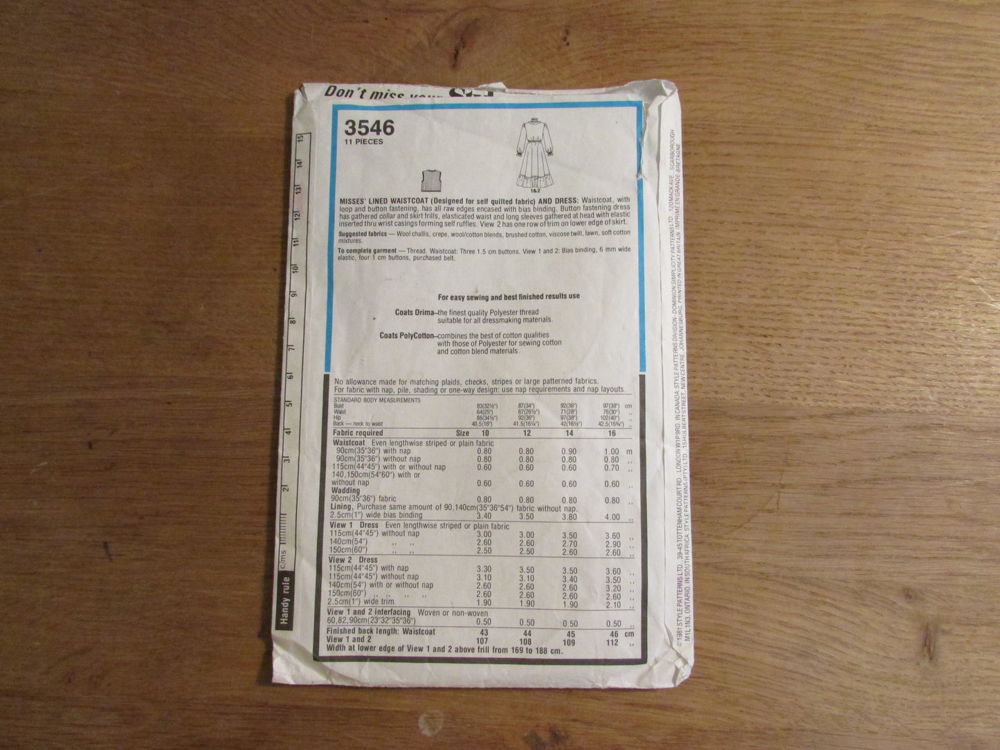 Part cut 1981 Style 3546 sewing pattern for misses' lined waistcoat & dress, size 10 (complete)