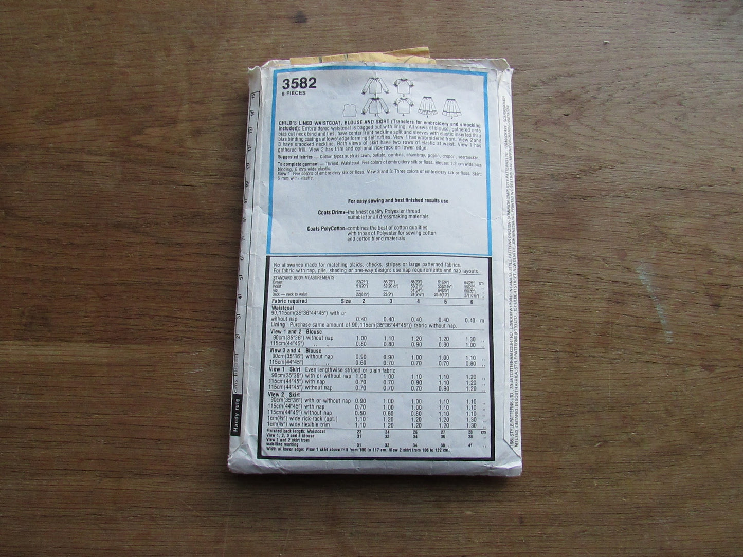 Part cut 1981 Style 3582 sewing pattern for child's lined waistcoat, blouse & skirt, size 2 (complete but see description below)