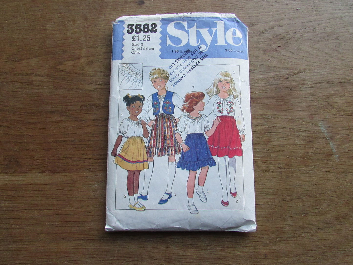 Part cut 1981 Style 3582 sewing pattern for child's lined waistcoat, blouse & skirt, size 2 (complete but see description below)