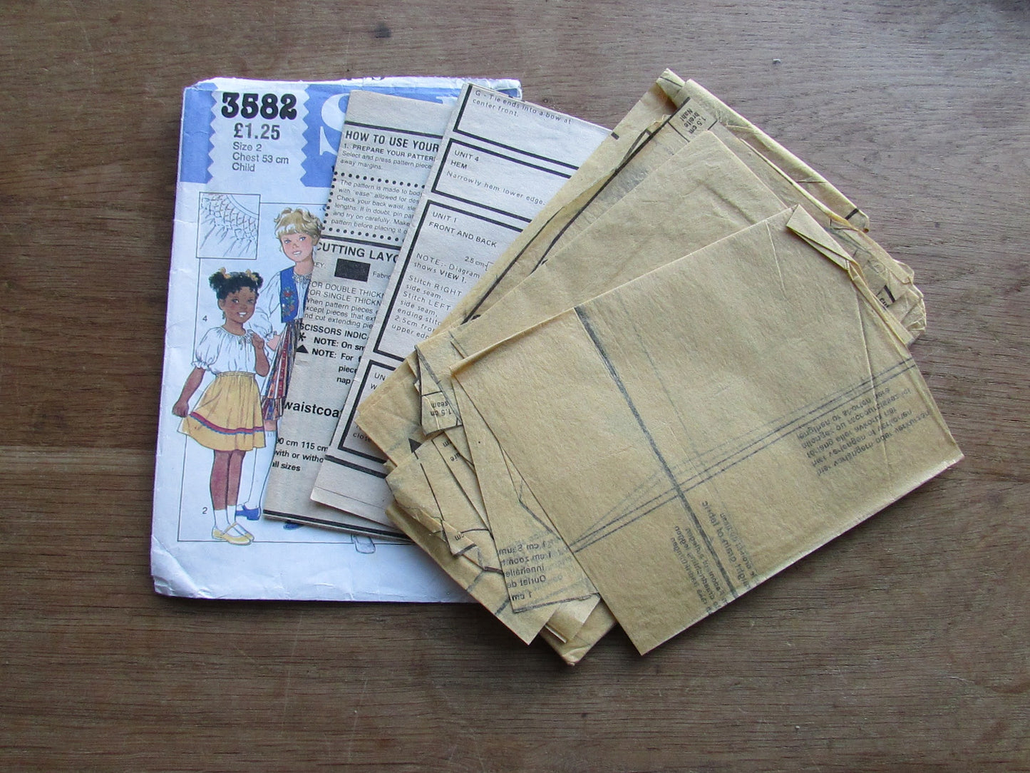 Part cut 1981 Style 3582 sewing pattern for child's lined waistcoat, blouse & skirt, size 2 (complete but see description below)