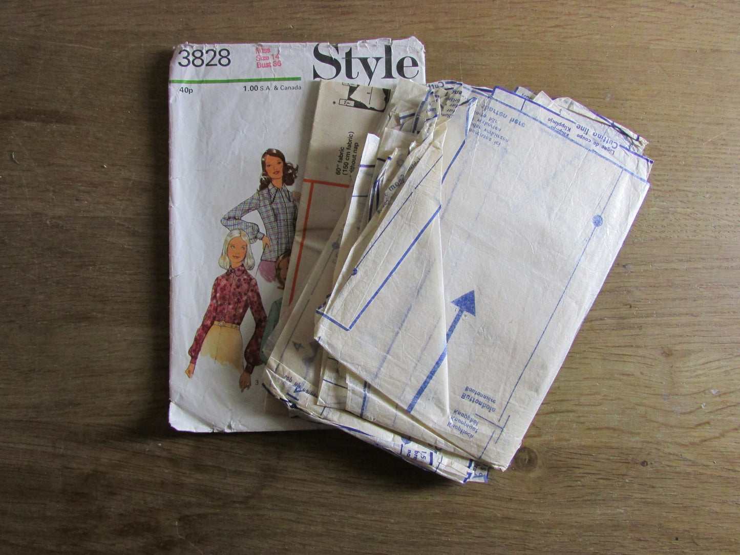 Part cut 1972 Style 3828 sewing pattern for misses' blouse, size 14 (see description below)