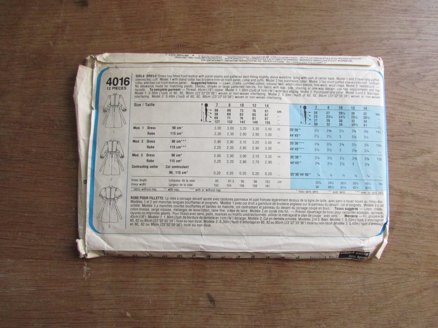 Part cut 1983 Style 4016 sewing pattern for girls' dress, cut to size 12 (complete)