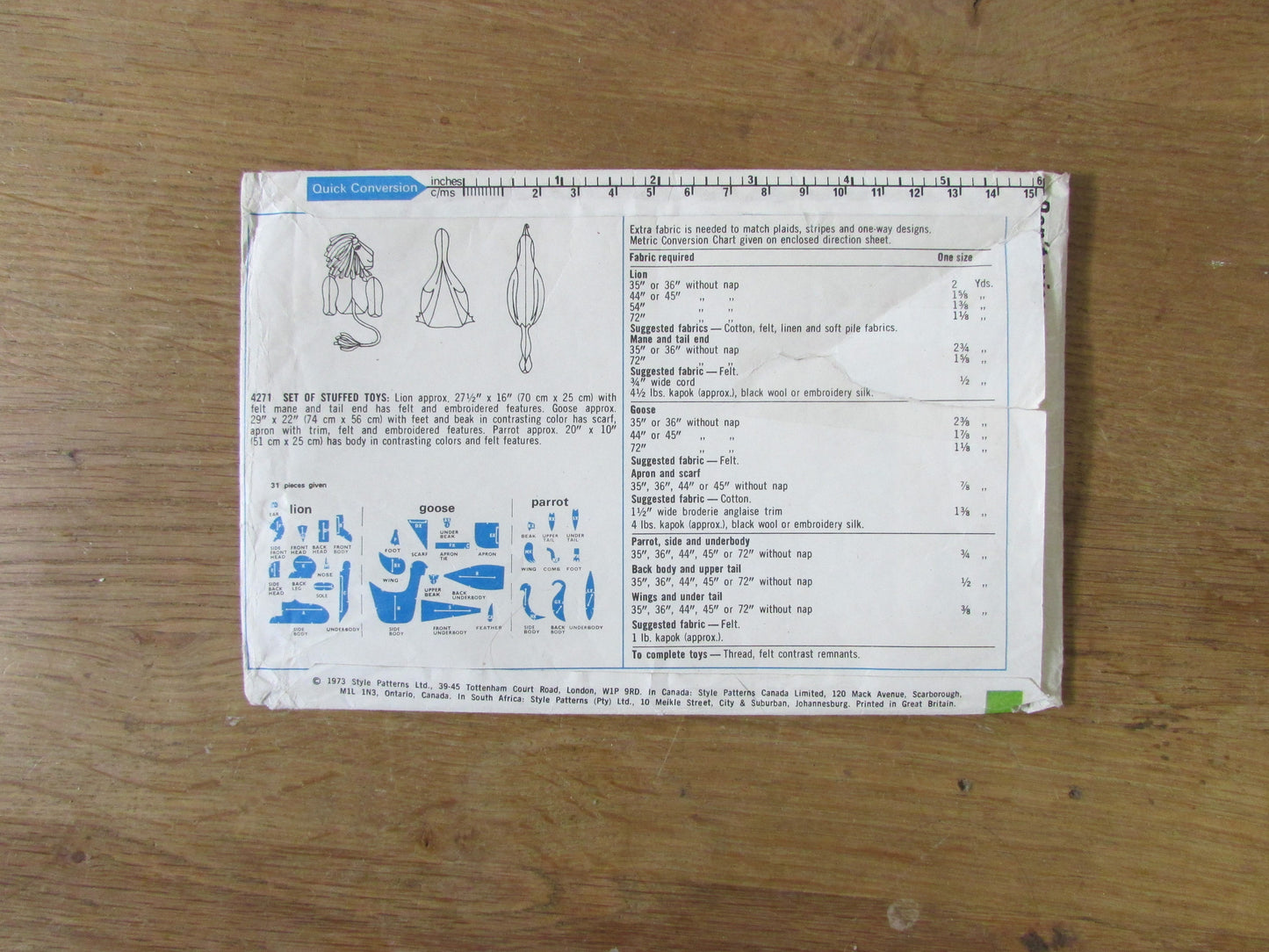 Part cut 1973 Style 4271 sewing pattern for set of stuffed toys - lion, goose, parrot (complete)