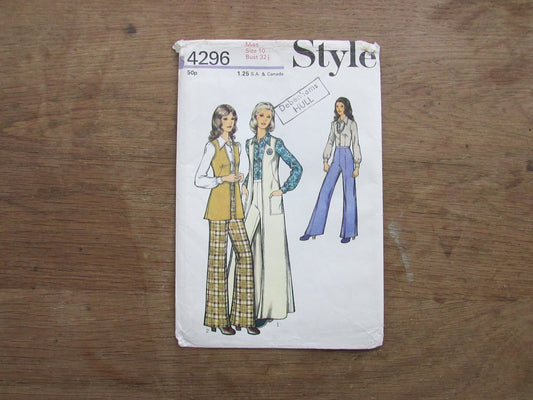 Part cut 1973 Style 4296 sewing pattern for misses' sleeveless cardigan, trousers & blouse, size 10 (complete)