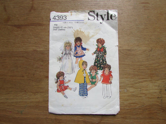 Part cut 1973 Style 4393 sewing pattern for doll clothes to fit H41cm (16") doll (complete)