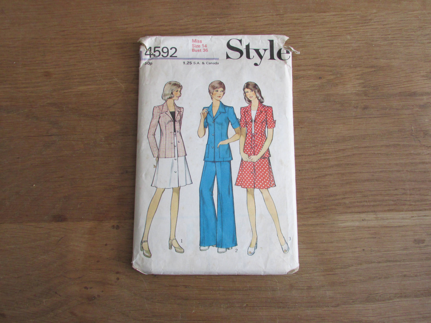 Part cut 1974 Style 4592 sewing pattern for misses' unlined jacket, skirt & trousers, size 14 (complete)