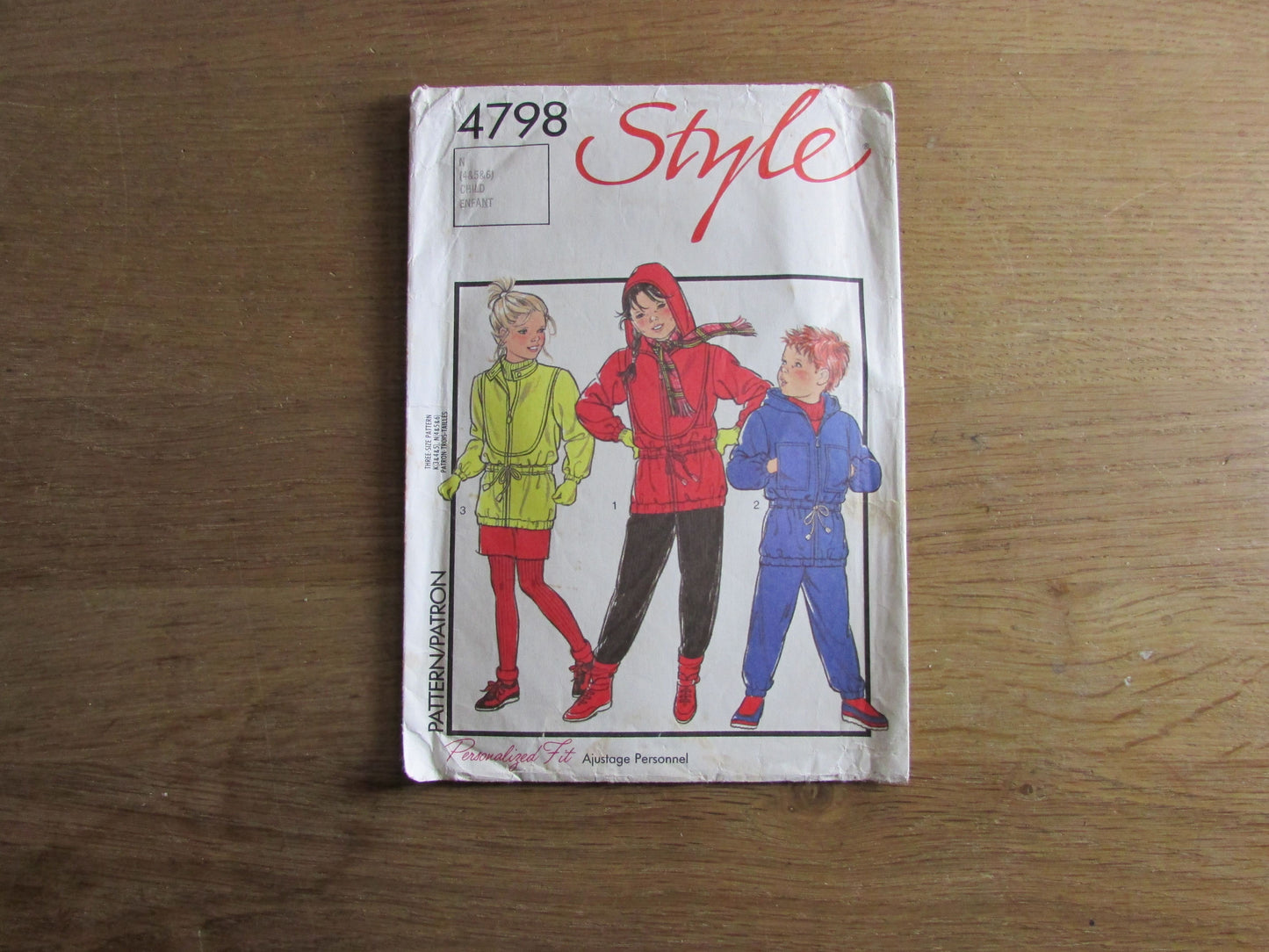 Part cut 1986 Style 4798 sewing pattern for child's unlined jacket with or without hood, sizes 4 to 6 (part cut to size 6, complete)