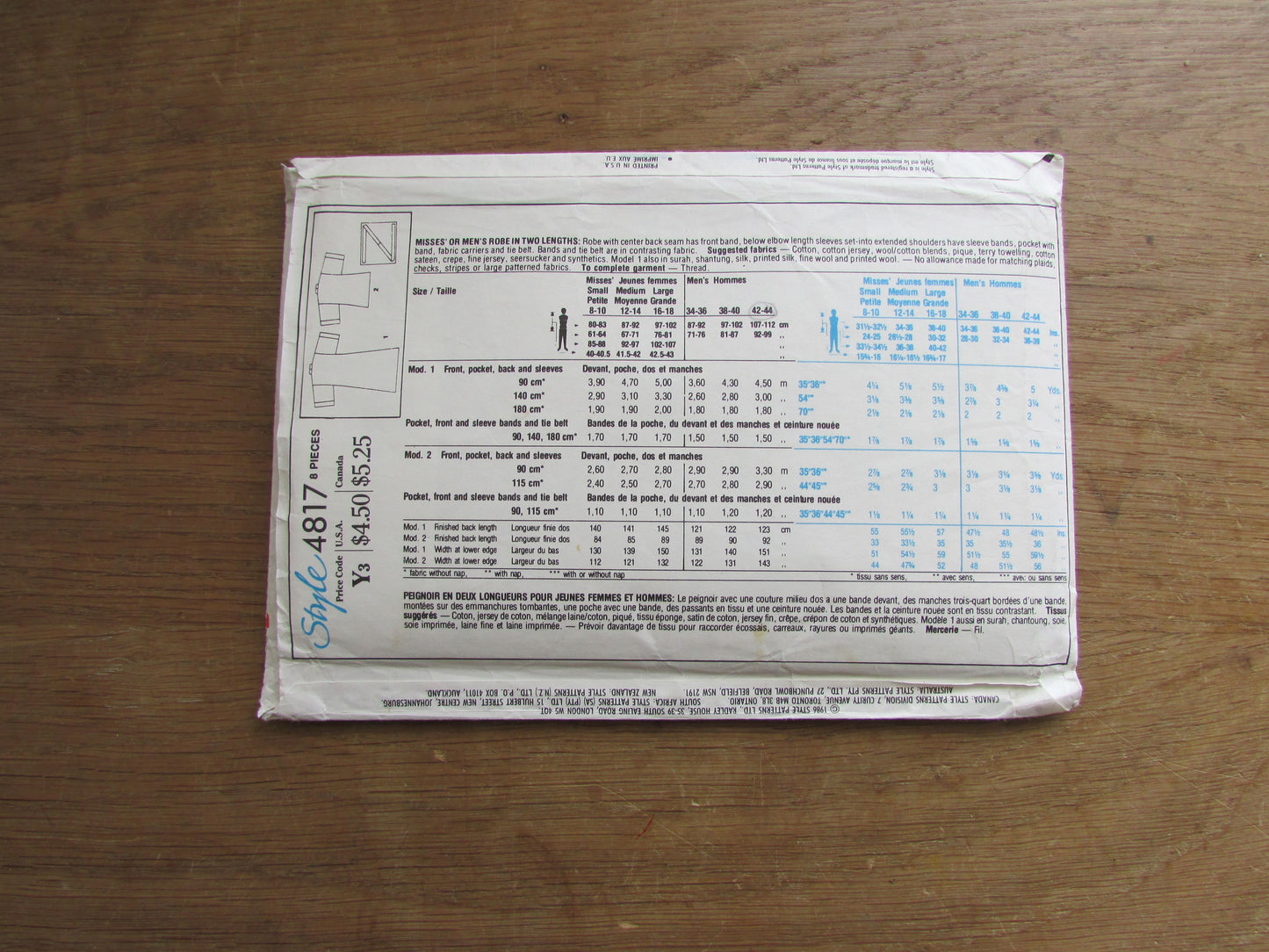Uncut 1986 Style 4817 sewing pattern for misses' or men's robe,  size 42-44 (complete)