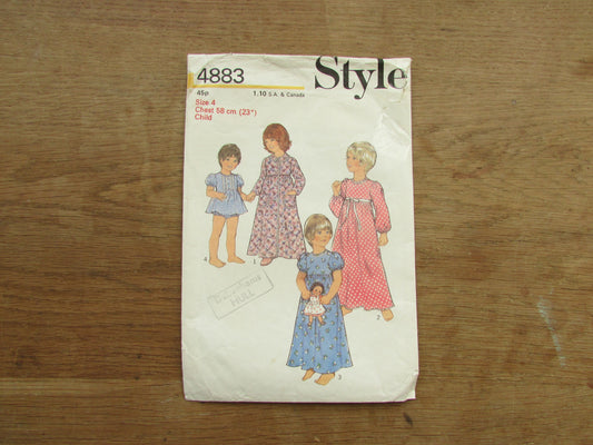 Part cut 1974 Style 4883 sewing pattern for child's dressing gown, nightdress & panties, size 4 (complete)