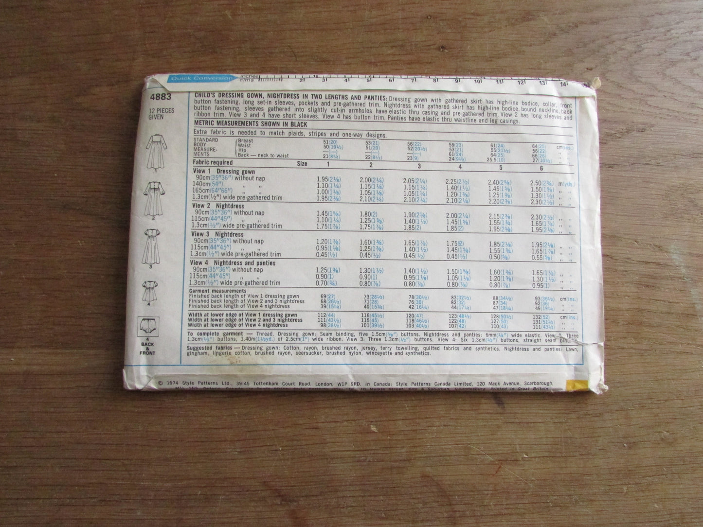 Part cut 1974 Style 4883 sewing pattern for child's dressing gown, nightdress & panties, size 6 (complete) chest 64cm / 25"