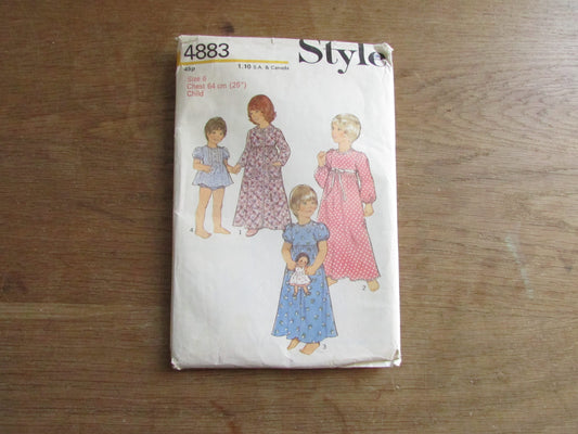 Part cut 1974 Style 4883 sewing pattern for child's dressing gown, nightdress & panties, size 6 (complete) chest 64cm / 25"