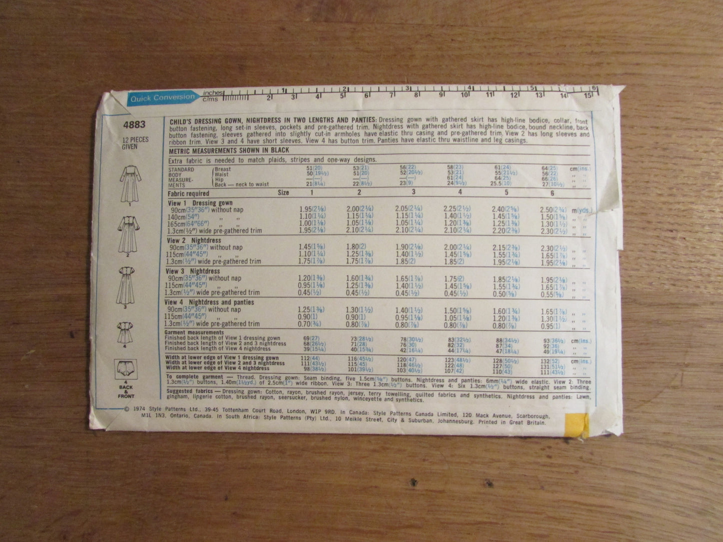 Part cut 1974 Style 4883 sewing pattern for child's dressing gown, nightdress & panties, size 3 (complete)