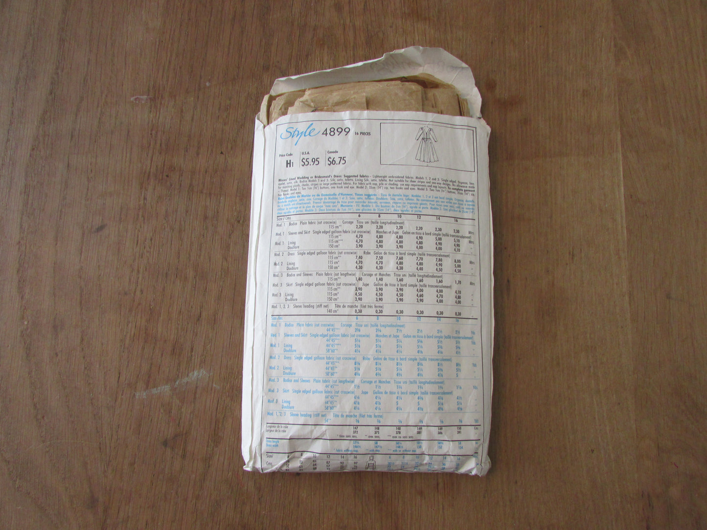 Part cut 1986 Style 4899 sewing pattern for misses' lined wedding or bridesmaid dress, size 10 (complete)