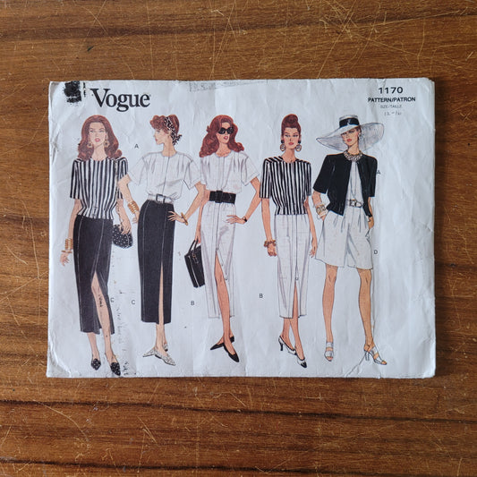 Uncut 1993 Vogue 1170 sewing pattern for misses' jacket, dress, top, skirt & shorts, sizes 12-16 (complete)