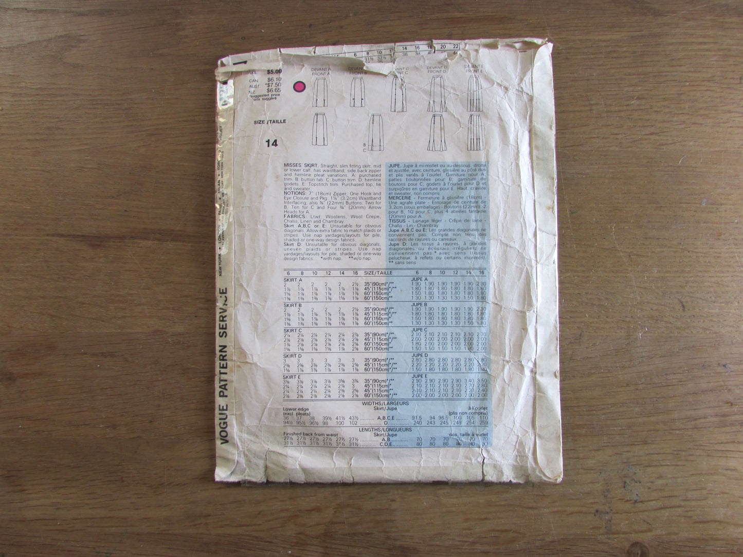 Part cut 1980s Vogue 1425 sewing pattern for misses' skirts, size 14 (complete)