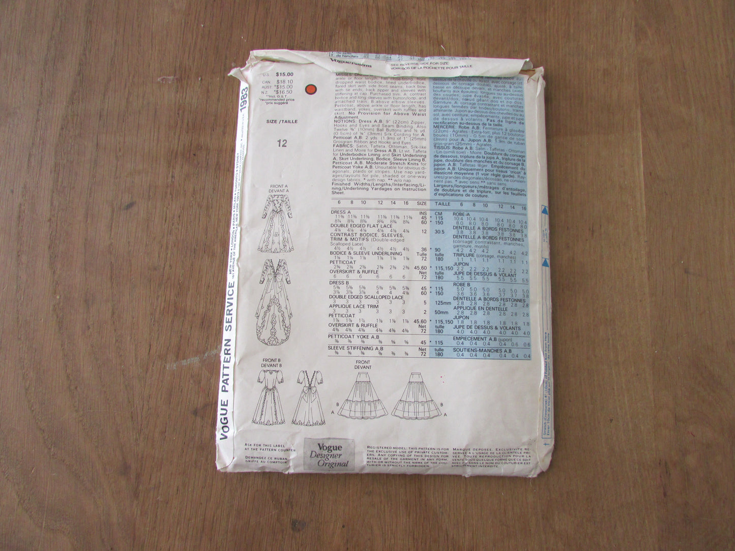 Part cut 1987 Vogue Bridal Original 1983 sewing pattern for misses' dress & petticoat, size 12 (see description below)