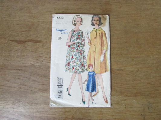 Used 1962 Vogue 5513 sewing pattern for one-piece maternity dress & coat, size 18 (incomplete, see description below)