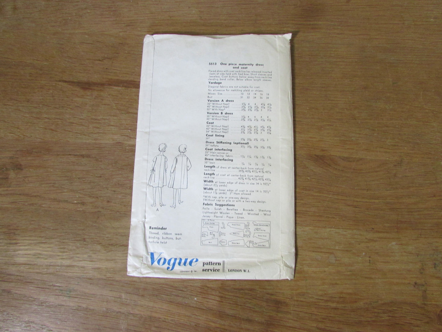Used 1962 Vogue 5513 sewing pattern for one-piece maternity dress & coat, size 18 (incomplete, see description below)