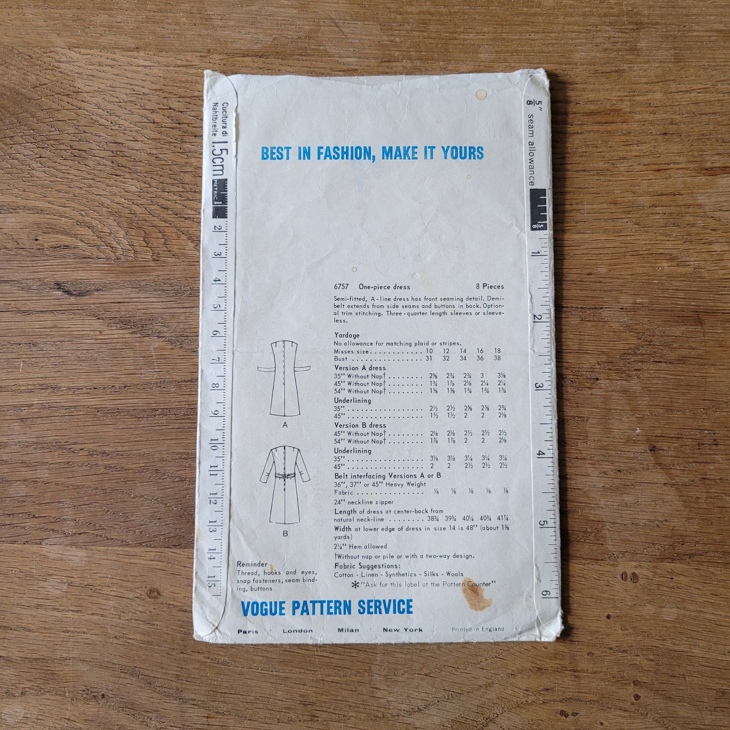 Used 1966 Vogue 6757 sewing pattern for one-piece A-line dress, size 16 (complete)