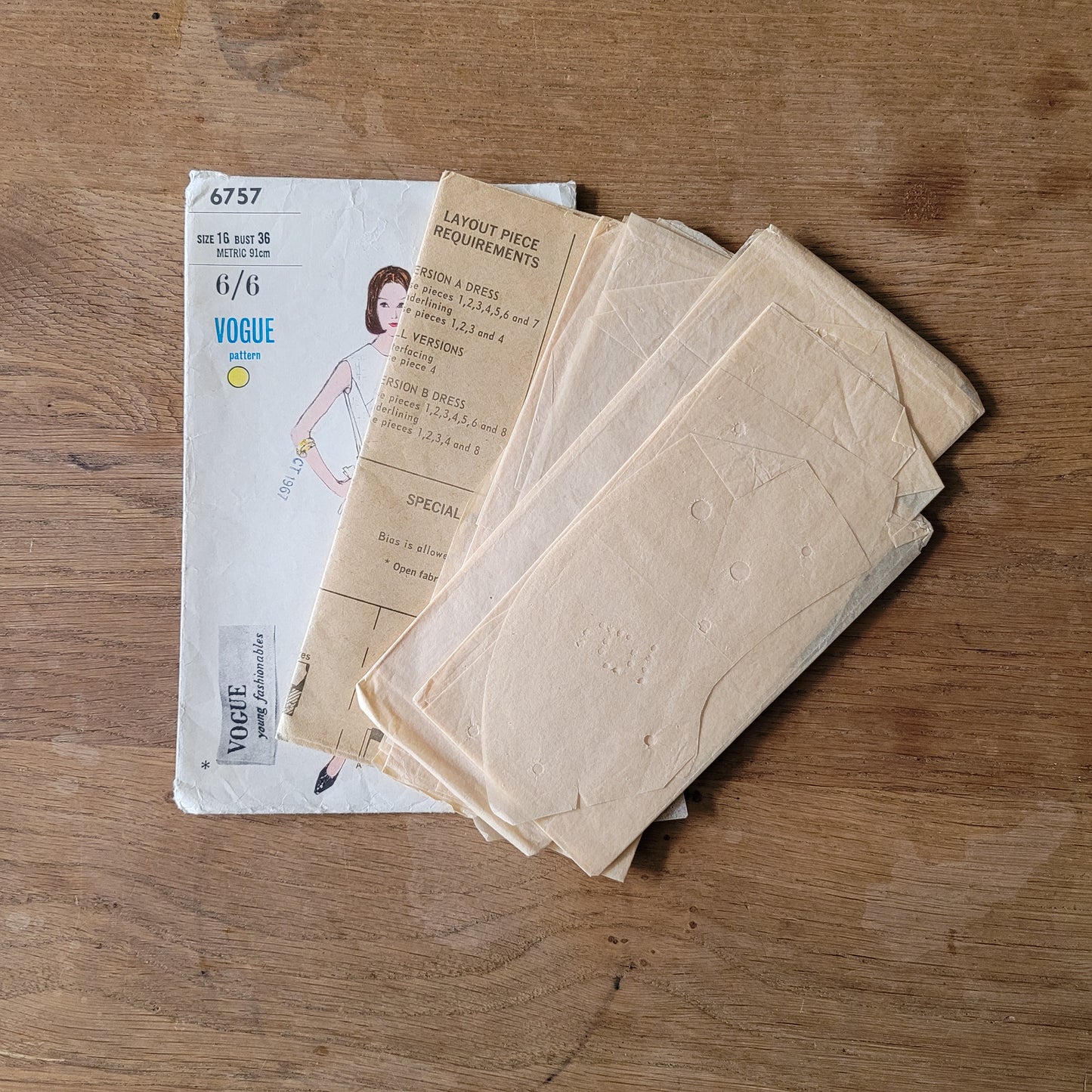 Used 1966 Vogue 6757 sewing pattern for one-piece A-line dress, size 16 (complete)