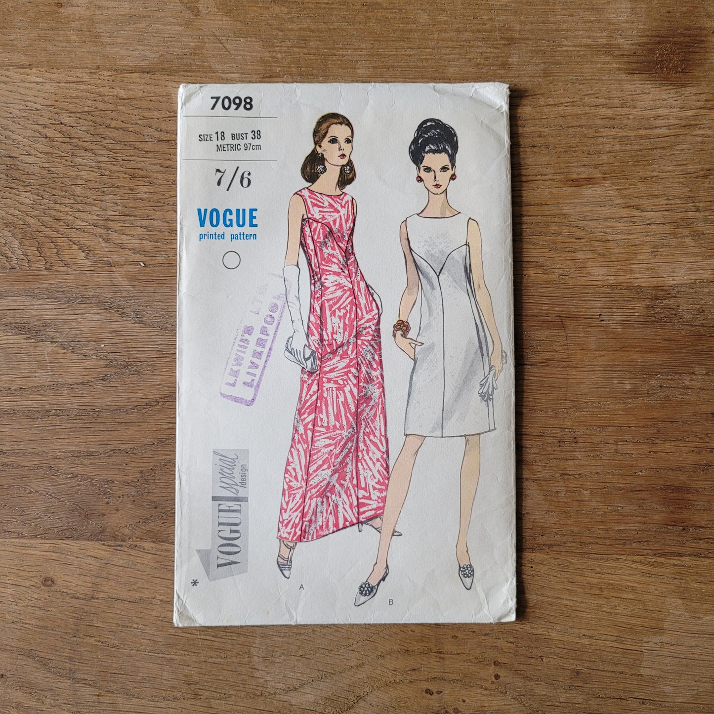 Used circa. 1967 Vogue 7098 sewing pattern for evening dress in two lengths, size 18 (complete)